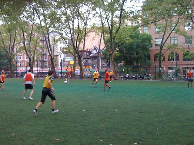 New York's Boldest kicking the soccer ball around at Sarah Roosevelt Park instead of cowering in a corner.